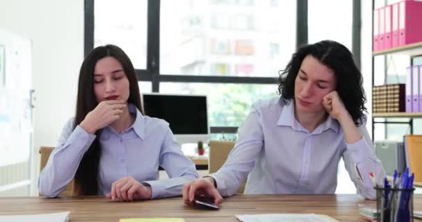 Bored Couple Office Workers Waits Important Call Male Female Employees — Stock Video