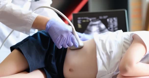 Ultrasound Doctor Make Ultrasound Abdomen Kidneys Child Girl Examined Office — Stock Video