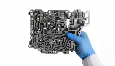 Hydroblock ayrıntılı tanılama ve tahminleri ayrıntılı test iletim closeup kurut otomatik şanzımanı otomatik Onarım Servisi tamirci mavi koruyucu eldiven elinde tutar.