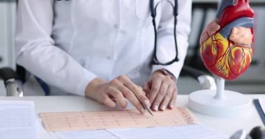 Doktor kardiyolog kalp filmlerinin yavaş çekim modelinin arka planındaki elektrokardiyogramı inceliyor. Ritim ve iletkenlik bozuklukları ECG teşhisi