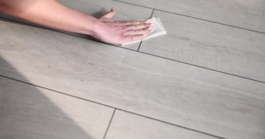 Kadın, parke zeminindeki kumaş lekesini yavaş çekimde siliyor. Ev hanımı ahşap yüzeydeki toprağı temizliyor. Hijyen ve ev işleri.