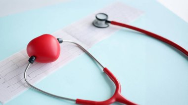 Kırmızı oyuncak kalp ve steteskop kardiyogramda yatıyor. Kardiyoloji kavramı