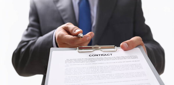 Close Partnership Agreement Realtor Give Contract Paper Pen Sign Agreed — Foto de Stock
