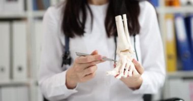 Foot bone model in hands of doctor in orthopedic clinic. Causes of acute pain in foot concept
