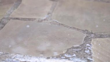 Taş kaldırımdaki su birikintisine yağmur damlaları. Yağmurlu gün konsepti
