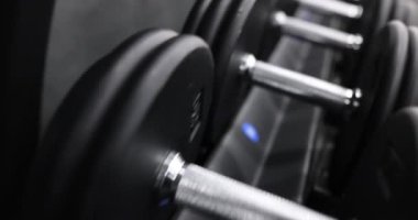 Ağır dambıllar düzgünce dizilmiş raflarda duruyor. Dambılların titiz düzenlenmesi çağdaş spor salonunda düzen sağlar.