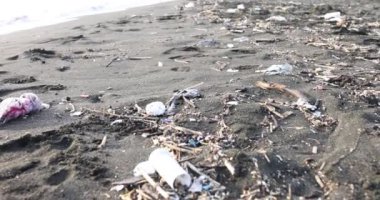 Kumsal sahil şeridinde çeşitli çöplerle kaplıydı. Doğa kirliliği kavramı ve acil sorumlu atık yönetimi ihtiyacı