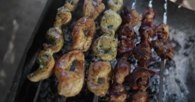 Arka bahçede ızgarada farklı et pişirme işlemi. İnsanlar yaz günü dışarıda akşam yemeği için lezzetli yemekler pişirirler.