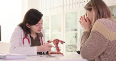 Jinekolog hasta sorununu açıklamak için rahim modeli kullanıyor. Kadın hasta, üreme sistemi ve sağlık sorunlarının görsel açıklamasından sonra üzgün