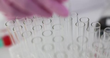 Araştırmacı, yaklaşan analizler için temiz test tüpleri hazırlıyor. Profesyonel bilim adamı, şeffaf test tüplerini ağır çekimde tutucudan çıkarıyor.