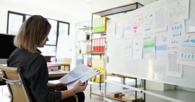 SEO analist pazarlamacısı, mali belgeleri ofisteki bir kurulda hesaplıyor. Satış bölümünün istatistiksel raporu