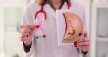 Kadın doktor, kadın göğsünün yapay modelini ve kanser mücadelesinin pembe kurdele sembolünü taşıyor. Sağlık ve kadın vücut yapısı kavramı yavaş çekim