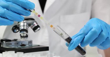 Bilim adamı cam test tüpündeki toprağa asit göstergesi yerleştirdi. Tıbbi tesis laboratuarında laboratuvar asistanı toprak asidite incelemesi yavaş çekim