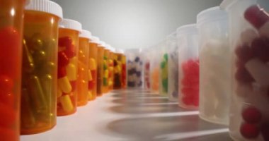 Orange and transparent bottles with multi-colored capsules stand in oval on both sides. Various dietary supplements and vitamins for healthy body and beauty