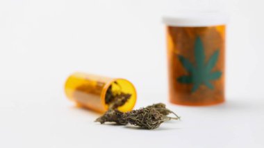 Plastik konteynıra konmuş tıbbi esrar ya da marihuana tomurcukları yakın çekim. Tıbbi kullanım ya da yüzeyde tedavi için kurutulmuş ot tomurcuğu. Kenevir, cbd konsepti