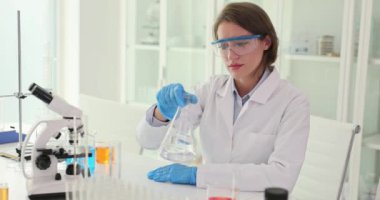 Kadın bilim adamı, laboratuarda Erlenmeyer şişesindeki sıvıyı inceliyor. Gözlüklü bir kadın, iş yerinde mikroskop kullanarak çalışma sürecine giriyor.