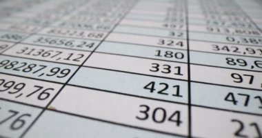 Ofiste incelenen mali verilerle dolu bir hesap çizelgesi. Sütun hücrelerinde numaralar ve rakamlar olan muhasebeci belgesi. Bilgilendirilmiş karar verme