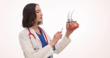 Kadın doktor beyaz arka planda insan deri katmanlarının ve saç foliküllerinin anatomik modelini sunar. Dermatolog derste vücut çalışmalarını gösterdi