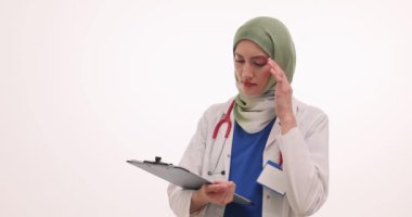 Tesettürlü kadın doktor hasta geçmişini beyaz duvara karşı okuyor. Üniformalı Müslüman kadın konsantre olmaya çalışıyor.