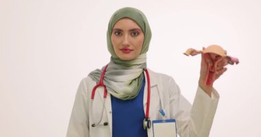 Tesettürlü kadın doktor uterus modeli ve beyaz üzerinde doğum kontrol hapları gösteriyor. Türbanlı doktor, kadın üreme sağlığının özelliklerini açıklıyor