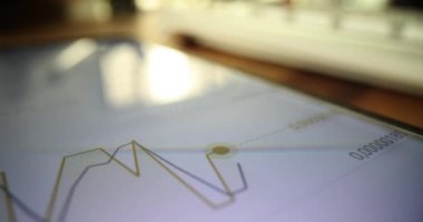 Elektronik cihaz, ofisteki istatistik tablolarını analiz etmek için finansal yönetim aygıtı kullanıyor. Grafiklerde satış verileri