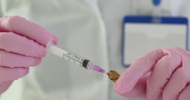 Laboratuvar önlüğü ve pembe eldivenli bilim adamı klinikte şırınga hazırlıyor. Hemşire steril laboratuvar ortamında yavaş çekimde aşıyı şişeden çıkarıyor.