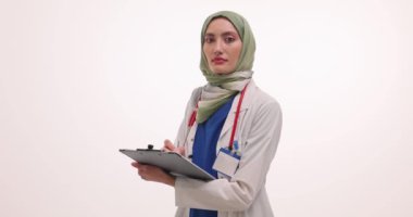 Tesettürlü kadın doktor elinde not tutuyor. Müslüman hekim, hasta bilgilerini kağıda döken detaylı gözlemler yazar.