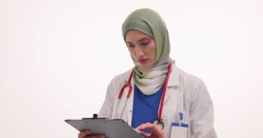 Tesettürlü kadın doktor, tıbbi kayıtları panoda inceliyor. Steteskopu olan Müslüman kadın doktor hastanın geçmişini dikkatlice analiz ediyor.