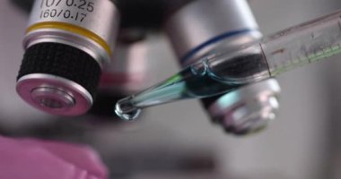 Laboratuvar teknisyeni incelenmesi için mikro numuneye sıvı döker. Mikroskop altında sıvı maddenin hücre tiplerini tanımlamak. Optik mikroskopi