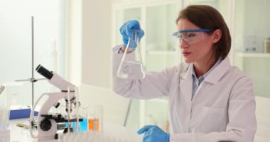 Kadın laboratuvar çalışanı, iş yerinde mikroskopla Erlenmeyer şişesini şeffaf sıvıyla sallıyor. Üniformalı ve gözlüklü kadın işe koyuluyor.