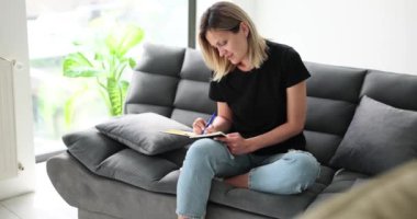 Gülümseyen kadın günlüğe not alıyor evdeki rahat kanepeye oturuyor. İlham veren sarışın kadın rutin planlar yapar.