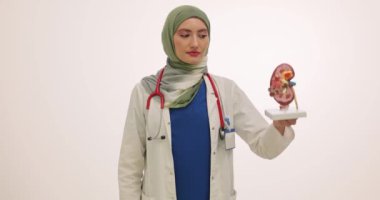 Müslüman kadın doktor plastik kapta böbrek ve idrar örneği gösteriyor. Türbanlı kadın doktor, filtreleme sürecini yavaş çekimde açıklıyor