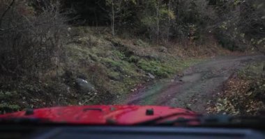 Heyecanlı bir off-road macerasının tadını çıkar engebeli bir orman yolunda, tamamen büyüleyici doğaya dalmış bir şekilde