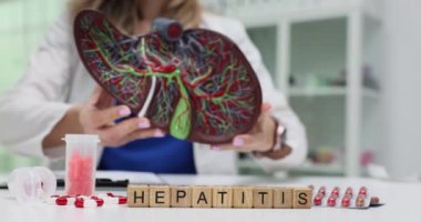 Hepatit kelimesi ahşap bloklarla heceleniyor ve doktor insan karaciğerinin anatomik modelini gösteriyor. Sıhhiye organ hastalıkları konusunda uyardı