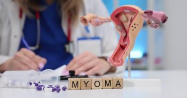 Jinekolog masasında miyoma kelimesi ve anatomik rahim modeli. Doktor hastaya tıbbi reçeteli tedavi planı yazıyor.
