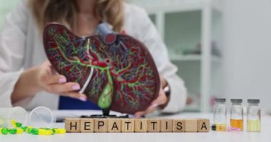 Tahta bloklar üzerinde Hepatit A ve doktor insan karaciğerinin anatomik modelini gösteriyor. Kadın doktor, bulaşıcı hastalık tehlikesi konusunda uyardı