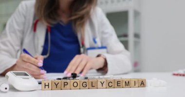 Tahta küplerden oluşan hipoglisemiyi ofiste yazan doktora karşı glukometreyle yaz. Düşük kan şekeri seviyesi tıbbi durum kavramı yavaş çekim