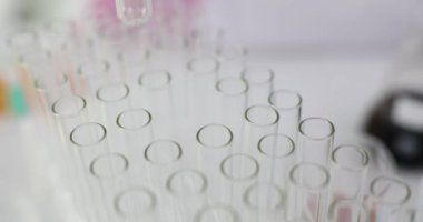 Profesyonel laboratuvar teknisyeni şeffaf test tüpünü rafa koydu. Test tüpü deney tüpleriyle dolu. Yavaş çekim