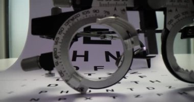 Deneyimli optometrist tam bir görsel keskinlik testi yapar. Snellen tablosunu kullanarak hastanın görüş açısını ölçmek için profesyonel bir teknik.