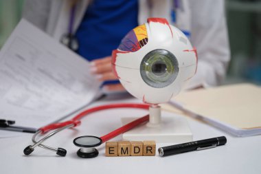Kendini adamış bir doktor, özel EMDR terapi araçları kullanılarak önemli bir göz sağlığı danışmanlığına hazırlanır.