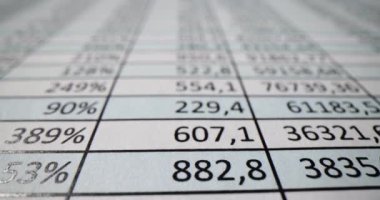 Çeşitli istatistiksel veri noktalarını gösteren finansal bir hesap tablosunun yakından ve ayrıntılı bir görüntüsü,