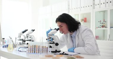 İyi aydınlatılmış bir laboratuvar içinde, kendini adamış bir bilim adamı güçlü bir mikroskop altında çeşitli örnekleri dikkatlice inceler.
