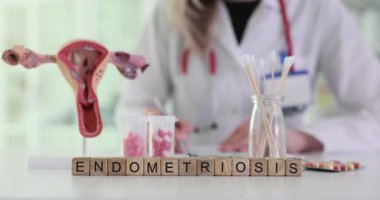 Kadın doktor masasında rahim modelinin yanında endometriyozis belirtileri gösteren kağıtlara odaklanıyor. Endometriyozis farkındalığı ve tedavisi üzerine yoğunlaşma
