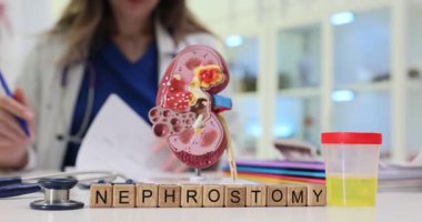 Nephrostomy 'li bloklar, böbrek ve idrar örneği konteynırları, kadın analizine karşı. Ürolojiyle ilgili tıbbi bağlam