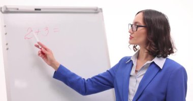 Gözlüklü ve mavi ceketli kadın. Basit matematik denklemindeki kalemle. Öğretmen temel aritmetik problemini açıklamak için sınıftan cevap istiyor