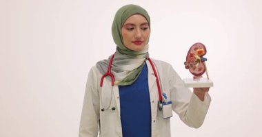 Türbanlı kadın doktor derste böbrek yapısını gösteriyor. Eğitim doktoru steril idrar örneği kabını elinde tutuyor.