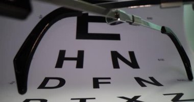 Vizyon testi gözlükleri ve siyah harflerle Snellen 'ın göz çizelgesi masanın üzerinde duruyor. Muayene odasında bir çift profesyonel optometri gözlüğü.