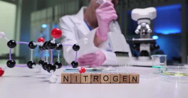 Canlı bir laboratuvar sahnesi moleküler modeller ve bilimsel aletlerle karışık nitrojen çalışmaları sergiliyor.