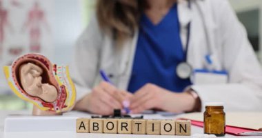 Kadın doktor fetüs anatomik modeli ve hapların yanında kürtaj reçetesi yazıyor. Üreme sağlık hizmetleri tıbbi karar verme süreci