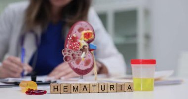 Böbrek modelinin yanında taş ve idrar örneği bulunan tahta küplerin hematürisi. Kadın doktor hasta teşhisini hastane ofisinde kaydediyor.